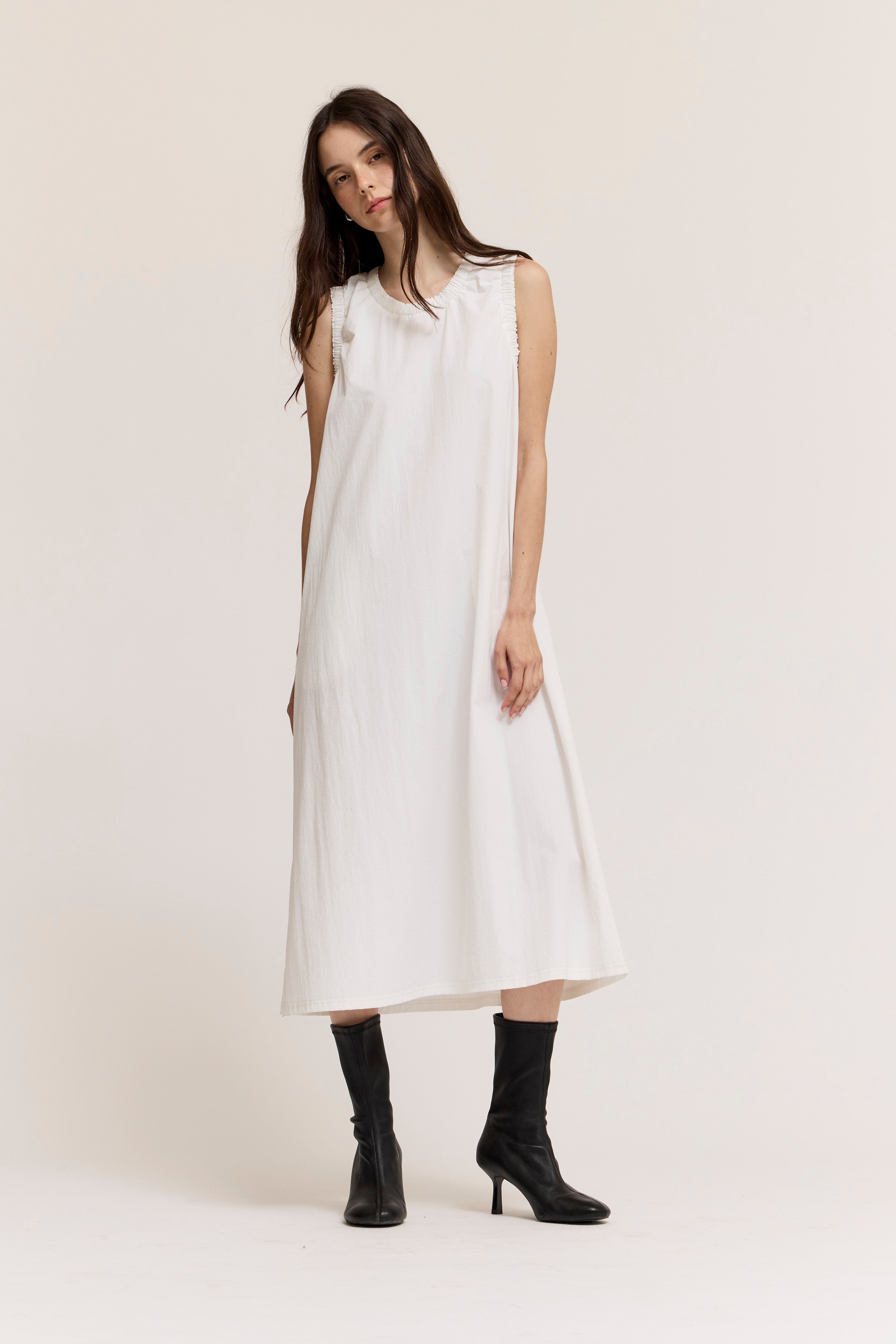 RUFFLE DETAIL A-LINE MAXI DRESS--WHITE