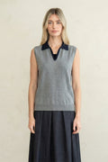 SLEEVELESS COLLARED V-NECK KNIT VEST--GREY