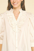 STRIPED RUFFLED COLLAR PUFF SLEEVE TOP--CREAM/TAUPE