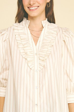 STRIPED RUFFLED COLLAR PUFF SLEEVE TOP--CREAM/TAUPE
