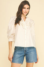 STRIPED RUFFLED COLLAR PUFF SLEEVE TOP--CREAM/TAUPE