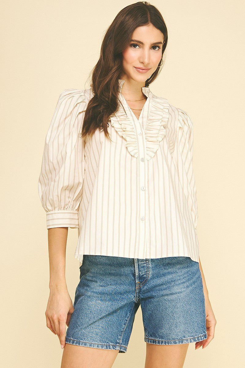 STRIPED RUFFLED COLLAR PUFF SLEEVE TOP--CREAM/TAUPE