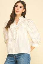 STRIPED RUFFLED COLLAR PUFF SLEEVE TOP--CREAM/TAUPE