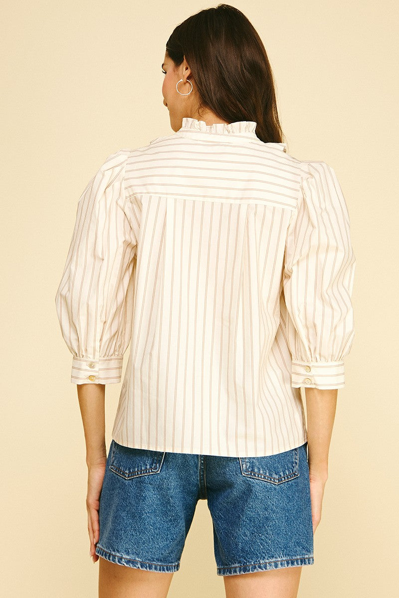 STRIPED RUFFLED COLLAR PUFF SLEEVE TOP--CREAM/TAUPE