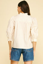 STRIPED RUFFLED COLLAR PUFF SLEEVE TOP--CREAM/TAUPE