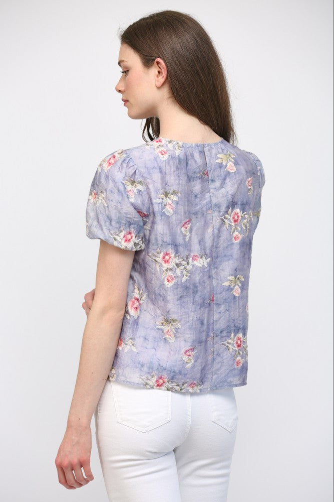 GATHERED ROUND NECKLINE FLORAL TOP--LAVENDER MIX