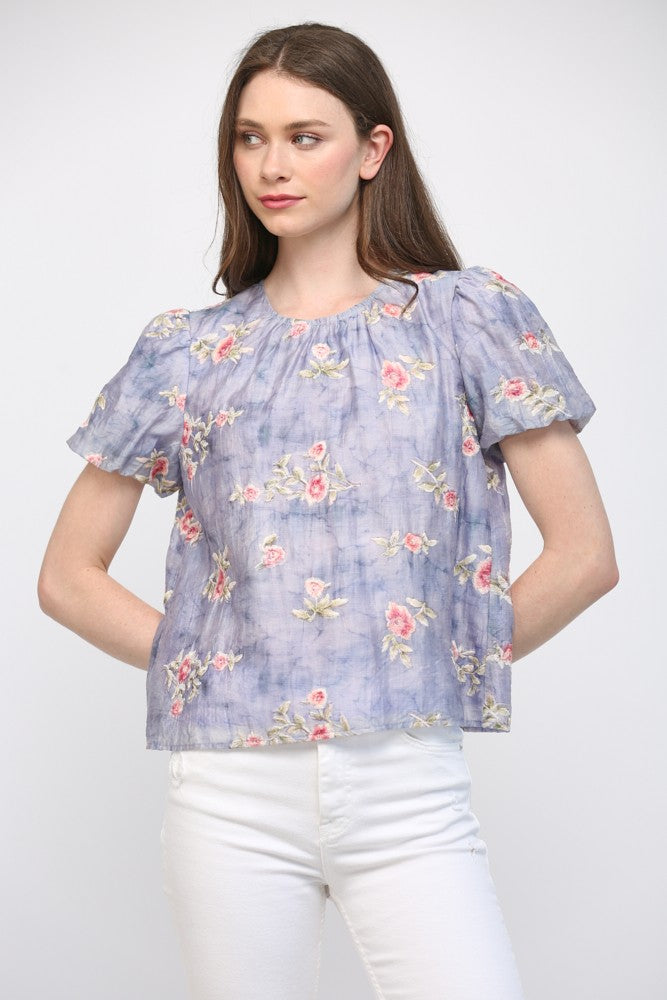 GATHERED ROUND NECKLINE FLORAL TOP--LAVENDER MIX