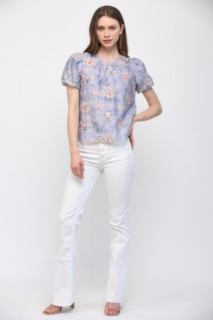 GATHERED ROUND NECKLINE FLORAL TOP--LAVENDER MIX