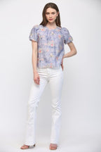 GATHERED ROUND NECKLINE FLORAL TOP--LAVENDER MIX