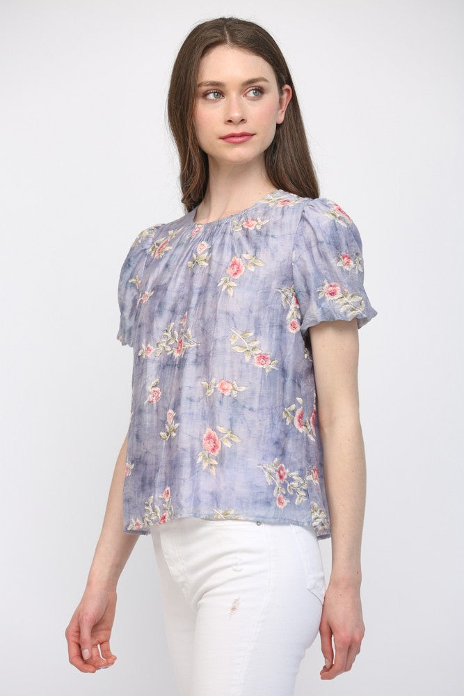 GATHERED ROUND NECKLINE FLORAL TOP--LAVENDER MIX