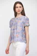 GATHERED ROUND NECKLINE FLORAL TOP--LAVENDER MIX