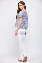 GATHERED ROUND NECKLINE FLORAL TOP--LAVENDER MIX
