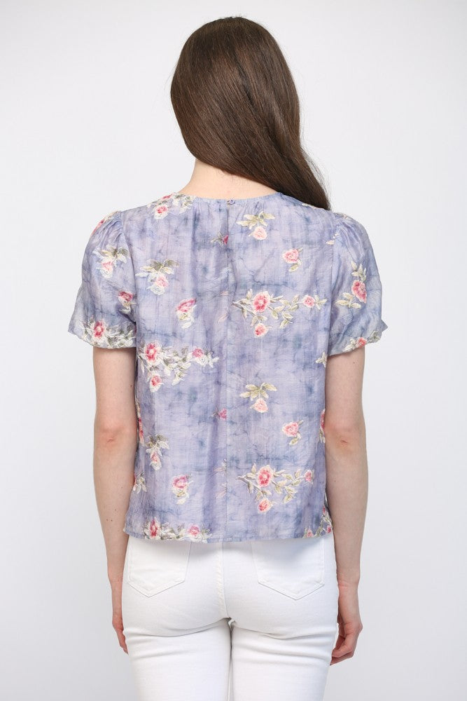 GATHERED ROUND NECKLINE FLORAL TOP--LAVENDER MIX