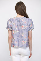 GATHERED ROUND NECKLINE FLORAL TOP--LAVENDER MIX