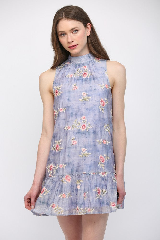 HIGH NECKLINE SLEEVELESS FLORAL DRESS--LAVENDER MIX