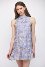 HIGH NECKLINE SLEEVELESS FLORAL DRESS--LAVENDER MIX