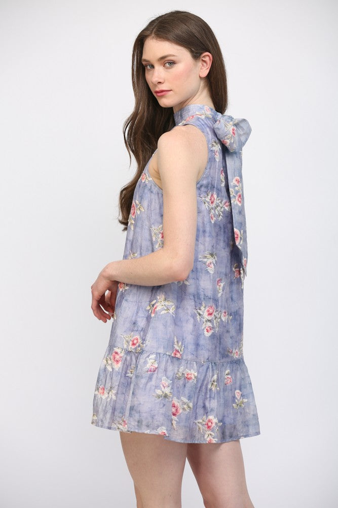 HIGH NECKLINE SLEEVELESS FLORAL DRESS--LAVENDER MIX
