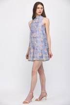 HIGH NECKLINE SLEEVELESS FLORAL DRESS--LAVENDER MIX
