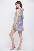 HIGH NECKLINE SLEEVELESS FLORAL DRESS--LAVENDER MIX
