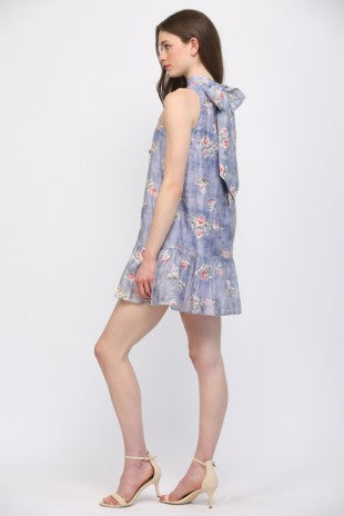 HIGH NECKLINE SLEEVELESS FLORAL DRESS--LAVENDER MIX