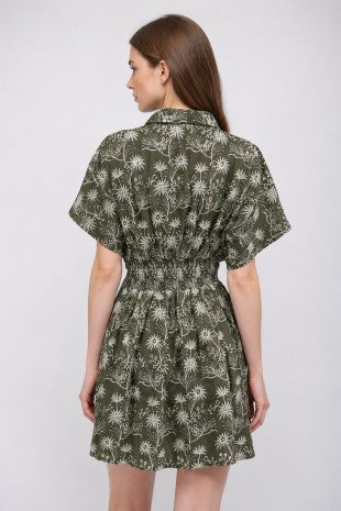 FLORAL EMBROIDERED CINCHED WAIST DRESS--OLIVE