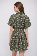 FLORAL EMBROIDERED CINCHED WAIST DRESS--OLIVE