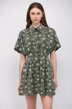 FLORAL EMBROIDERED CINCHED WAIST DRESS--OLIVE