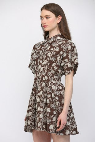 FLORAL EMBROIDERED CINCHED WAIST DRESS--BROWN