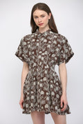 FLORAL EMBROIDERED CINCHED WAIST DRESS--BROWN