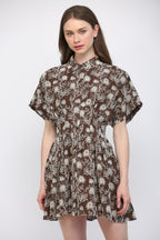 FLORAL EMBROIDERED CINCHED WAIST DRESS--BROWN