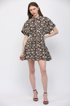 FLORAL EMBROIDERED CINCHED WAIST DRESS--BROWN