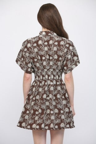 FLORAL EMBROIDERED CINCHED WAIST DRESS--BROWN