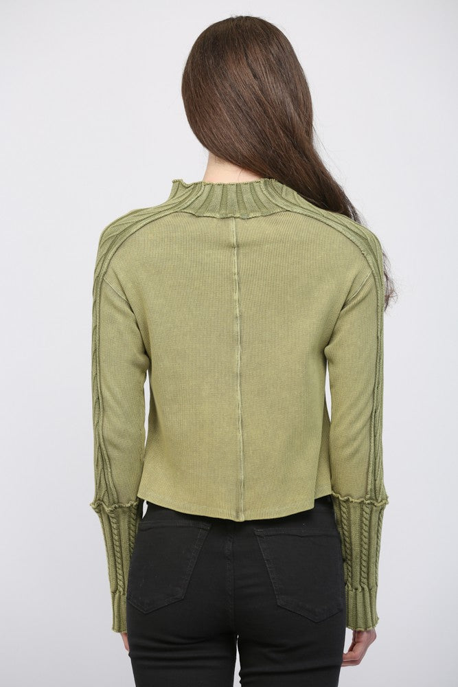 RIBBED MOSS GREEN CABLE KNIT SWEATER TOP