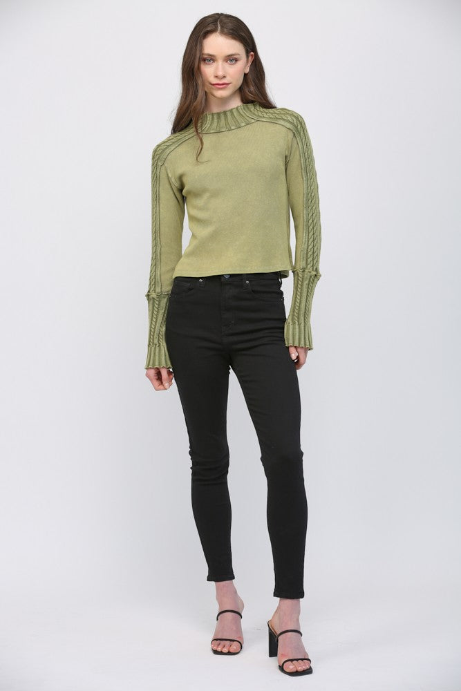 RIBBED MOSS GREEN CABLE KNIT SWEATER TOP