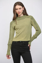 RIBBED MOSS GREEN CABLE KNIT SWEATER TOP