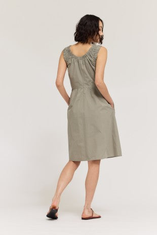SHIRRED COTTON SLEEVELESS DRESS--DRY HERB