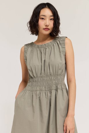 SHIRRED COTTON SLEEVELESS DRESS--DRY HERB