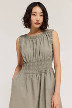 SHIRRED COTTON SLEEVELESS DRESS--DRY HERB