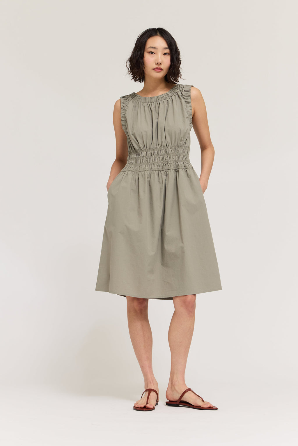 SHIRRED COTTON SLEEVELESS DRESS--DRY HERB – Simply Jayne Boutique LLC