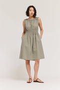 SHIRRED COTTON SLEEVELESS DRESS--DRY HERB