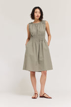 SHIRRED COTTON SLEEVELESS DRESS--DRY HERB