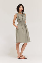 SHIRRED COTTON SLEEVELESS DRESS--DRY HERB