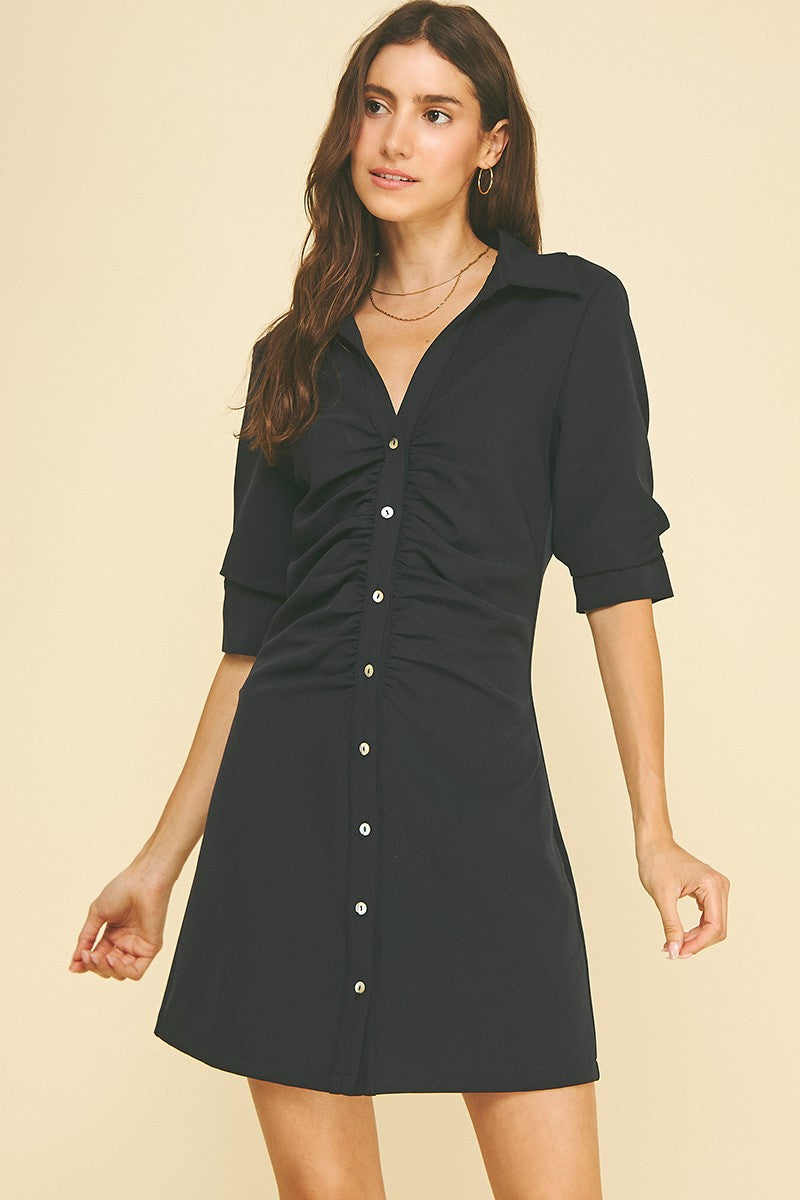 RUCHED BUTTON DWON MINI DRESS--DEEP NAVY