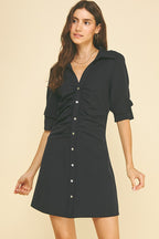 RUCHED BUTTON DWON MINI DRESS--DEEP NAVY