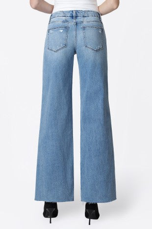 VERVET MID RISE RAW HEM WIDE LEG JEANS--MED. WASH