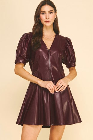 FAUX LEATHER V-NECK DRESS--BURGUNDY