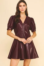 FAUX LEATHER V-NECK DRESS--BURGUNDY