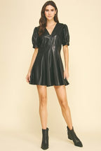 FAUX LEATHER V-NECK DRESS--BLACK