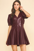 FAUX LEATHER V-NECK DRESS--BURGUNDY