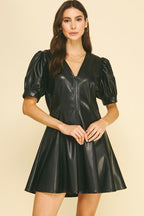 FAUX LEATHER V-NECK DRESS--BLACK